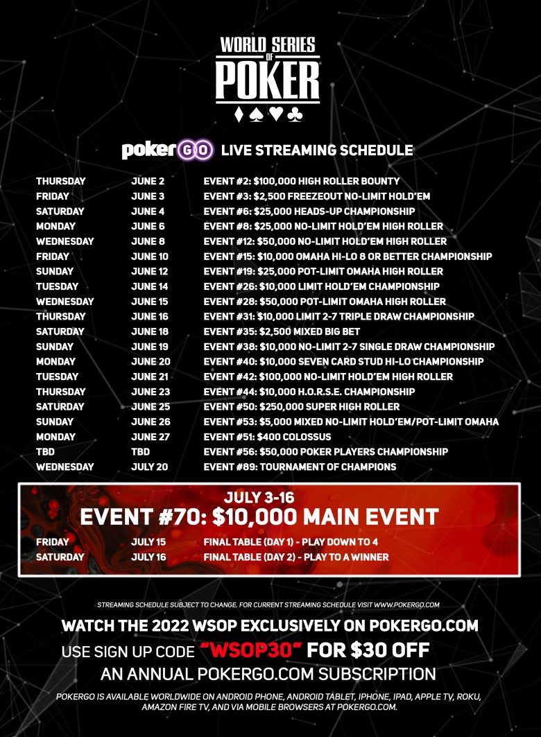 PokerGO_WSOP_2022 streaming cronograma agenda